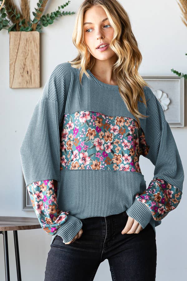 LONG PUFF SLEEVE SOLID URBAN RIBBED AND FLORAL TOP