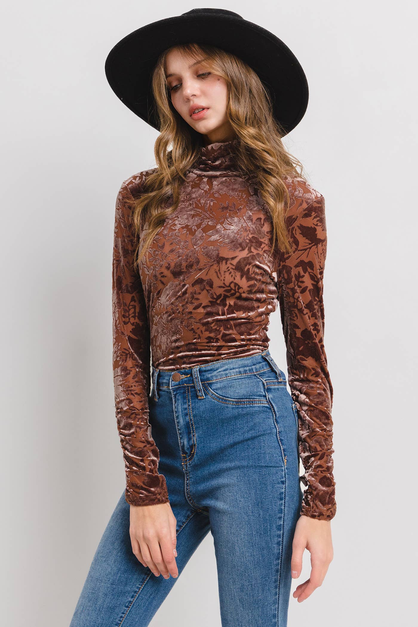 Velvet Floral Print Cowl Neck Top