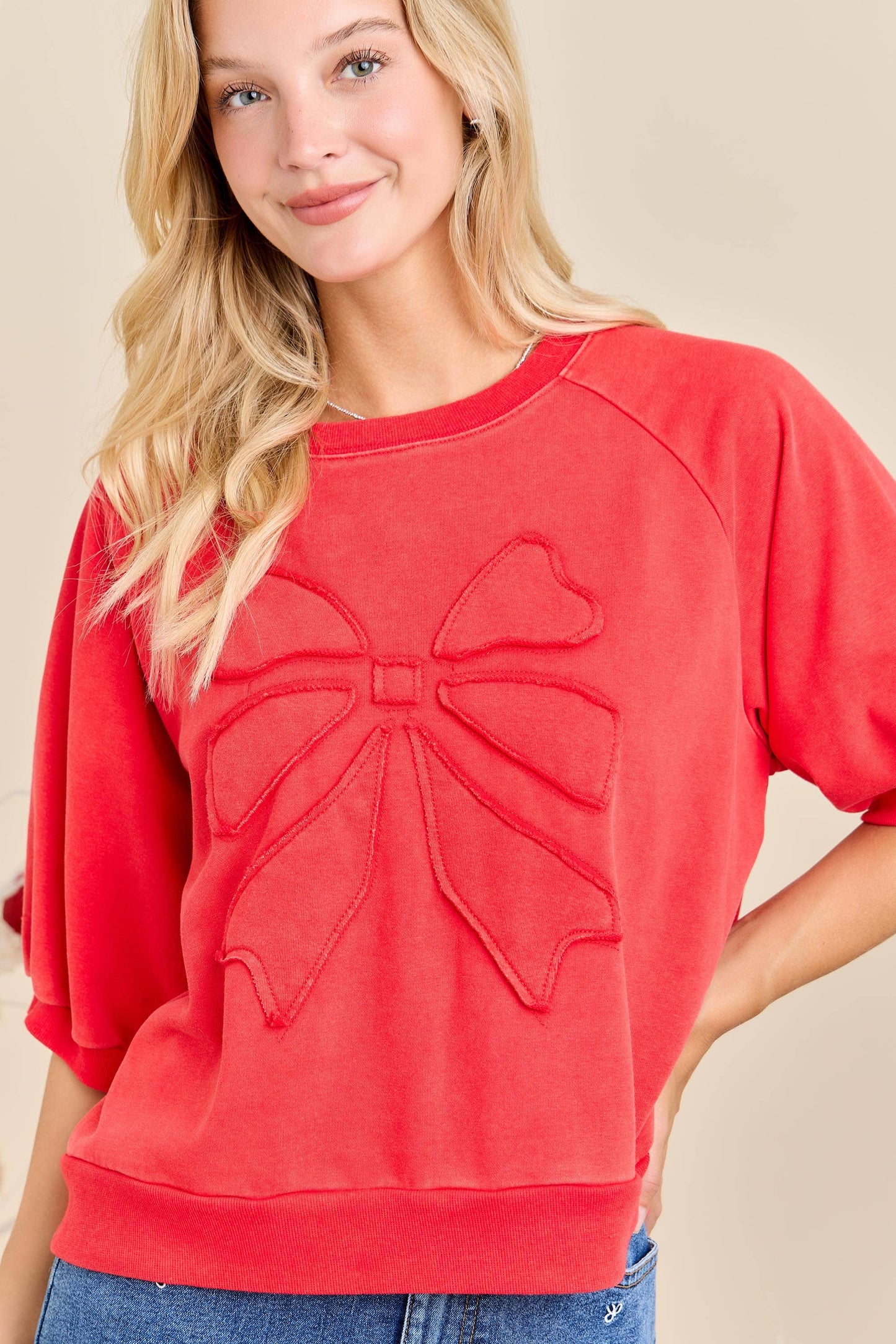Red Embossed Bow Puff Sleeve Top
