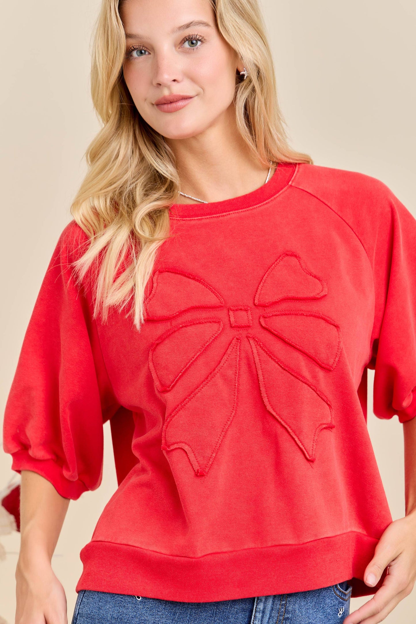 Red Embossed Bow Puff Sleeve Top