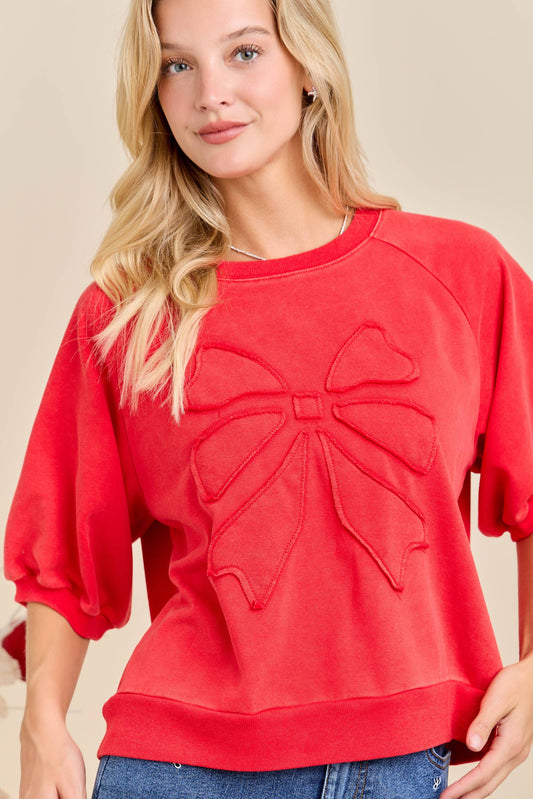 Red Embossed Bow Puff Sleeve Top