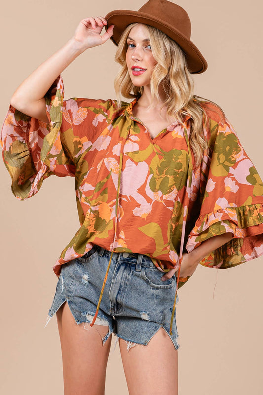 Floral Print Split Mock Neck Blouse