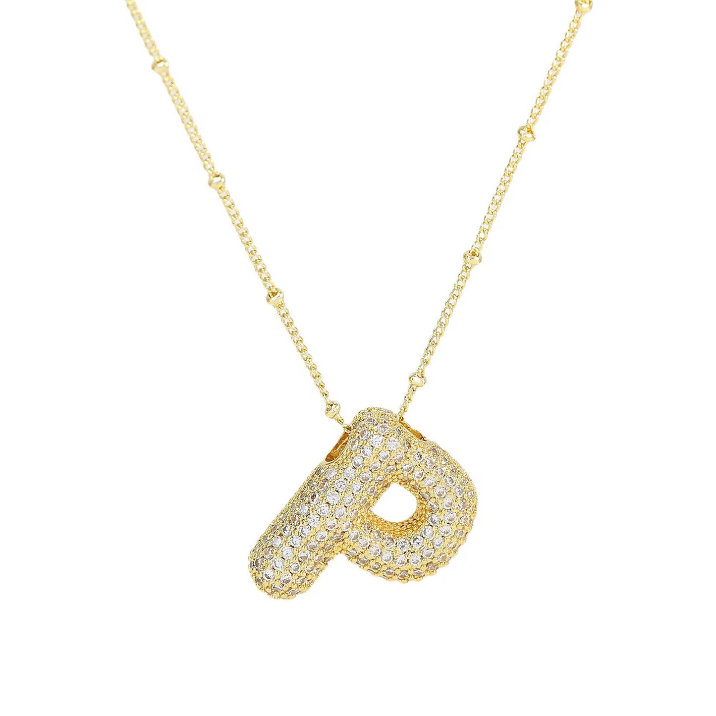 Initial CZ Balloon Bubble 18K Gold Necklace: B