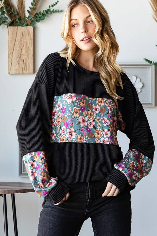 LONG PUFF SLEEVE SOLID URBAN RIBBED AND FLORAL TOP