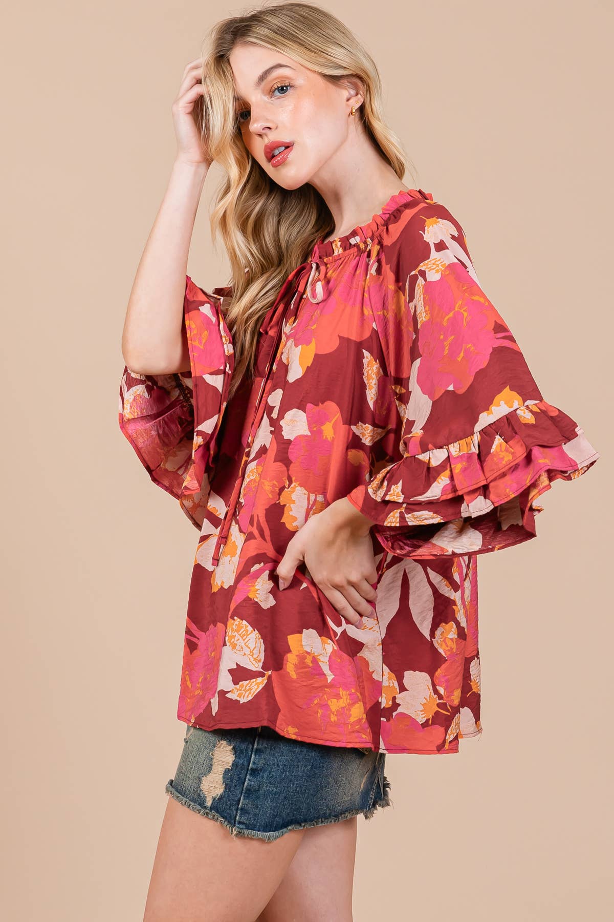 Floral Print Split Mock Neck Blouse