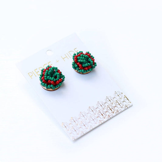Green + Red Pom Stud Earrings | Christmas Stud | Holiday Earring