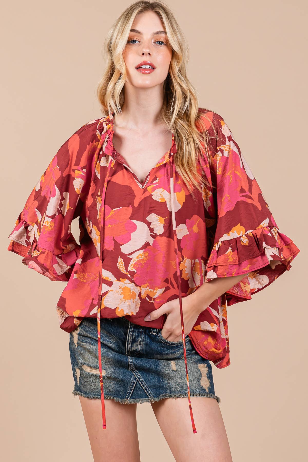 Floral Print Split Mock Neck Blouse