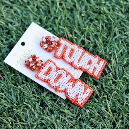 Custom Beaded Touch Down Earring| Game Day Earrings| Football: Orange + White