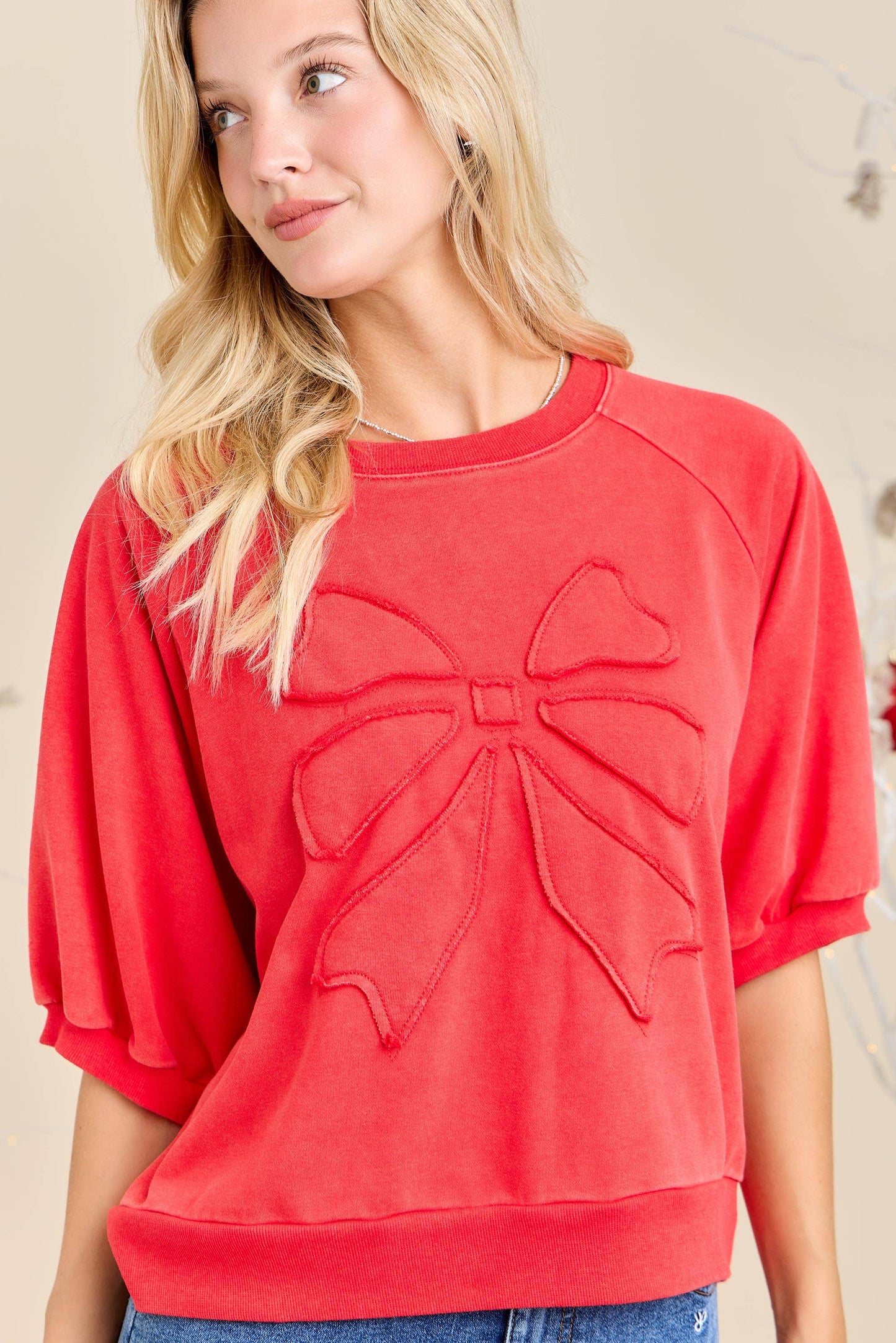 Red Embossed Bow Puff Sleeve Top