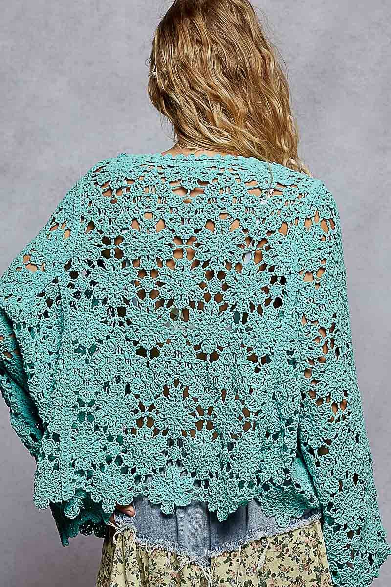 Flare sleeve scalloped edge solid crochet chenille sweater