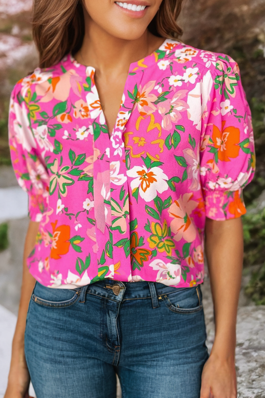 LDC Floral Printed Split V Neck Puff Sleeve Blouse: Multi-Colored