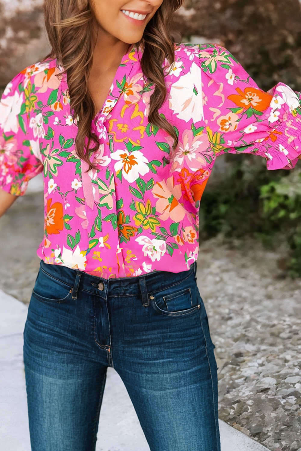 LDC Floral Printed Split V Neck Puff Sleeve Blouse: Multi-Colored