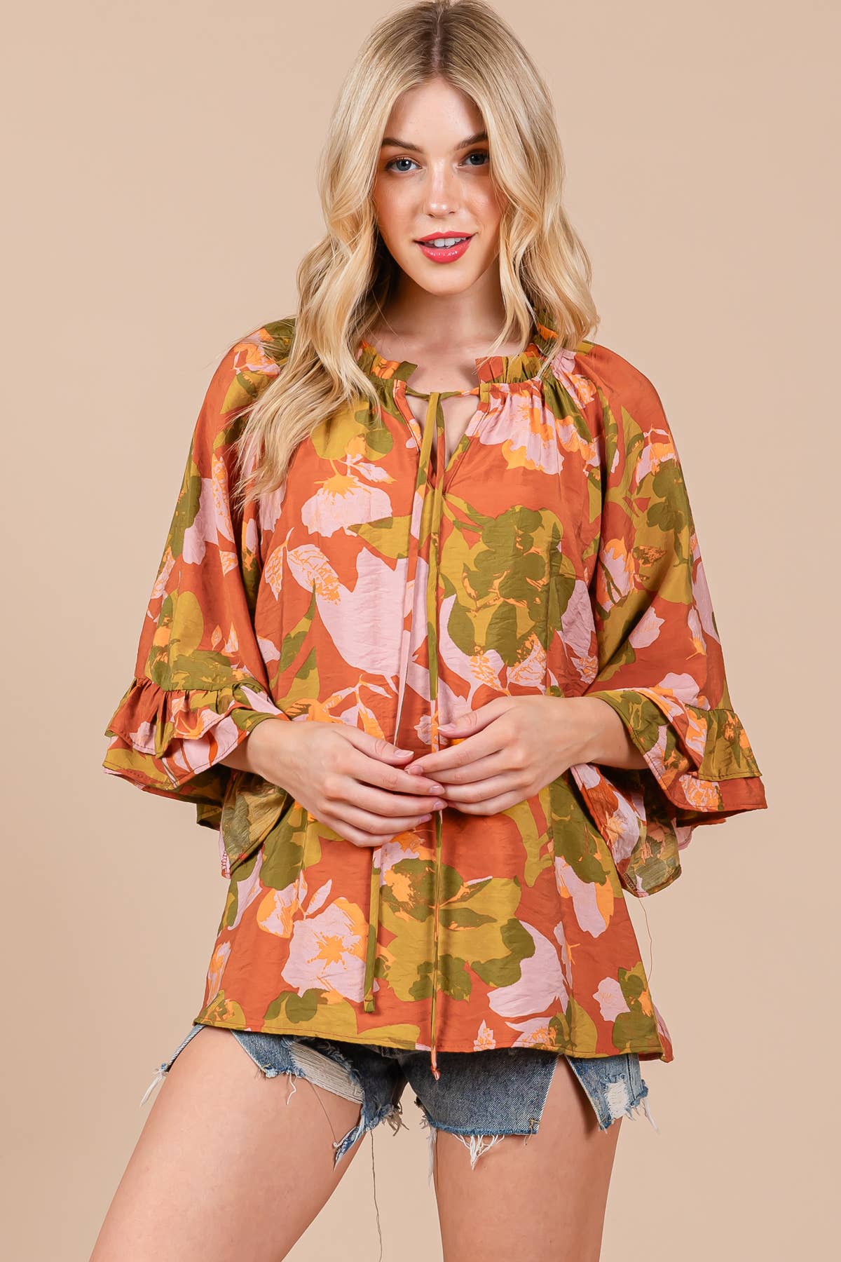 Floral Print Split Mock Neck Blouse