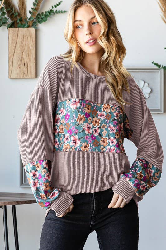 LONG PUFF SLEEVE SOLID URBAN RIBBED AND FLORAL TOP
