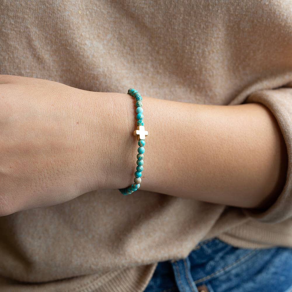Faith Over Fear Cross Bracelet, 4mm-Turquoise Jasper