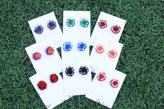 Custom Beaded Pom Earrings| Game Day Earrings| Back to School: Purple + Gold