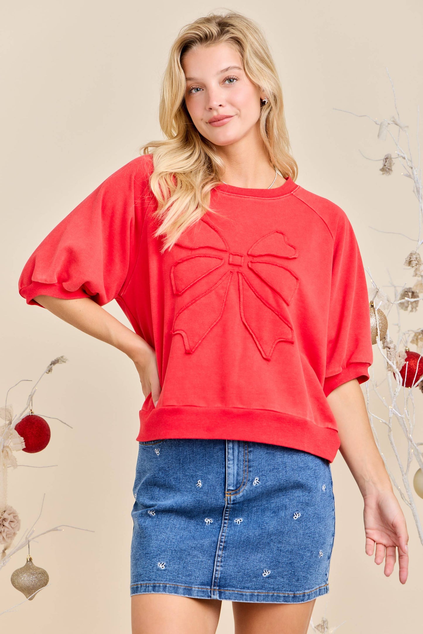 Red Embossed Bow Puff Sleeve Top