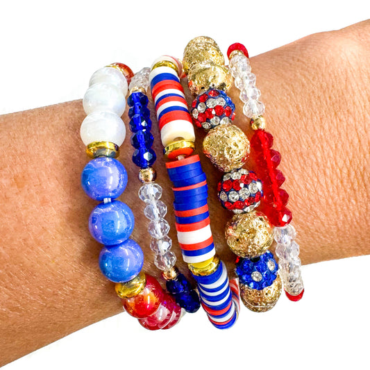 4th of July Red, White & Blue 3 Flag Beaded Bracelet Stack