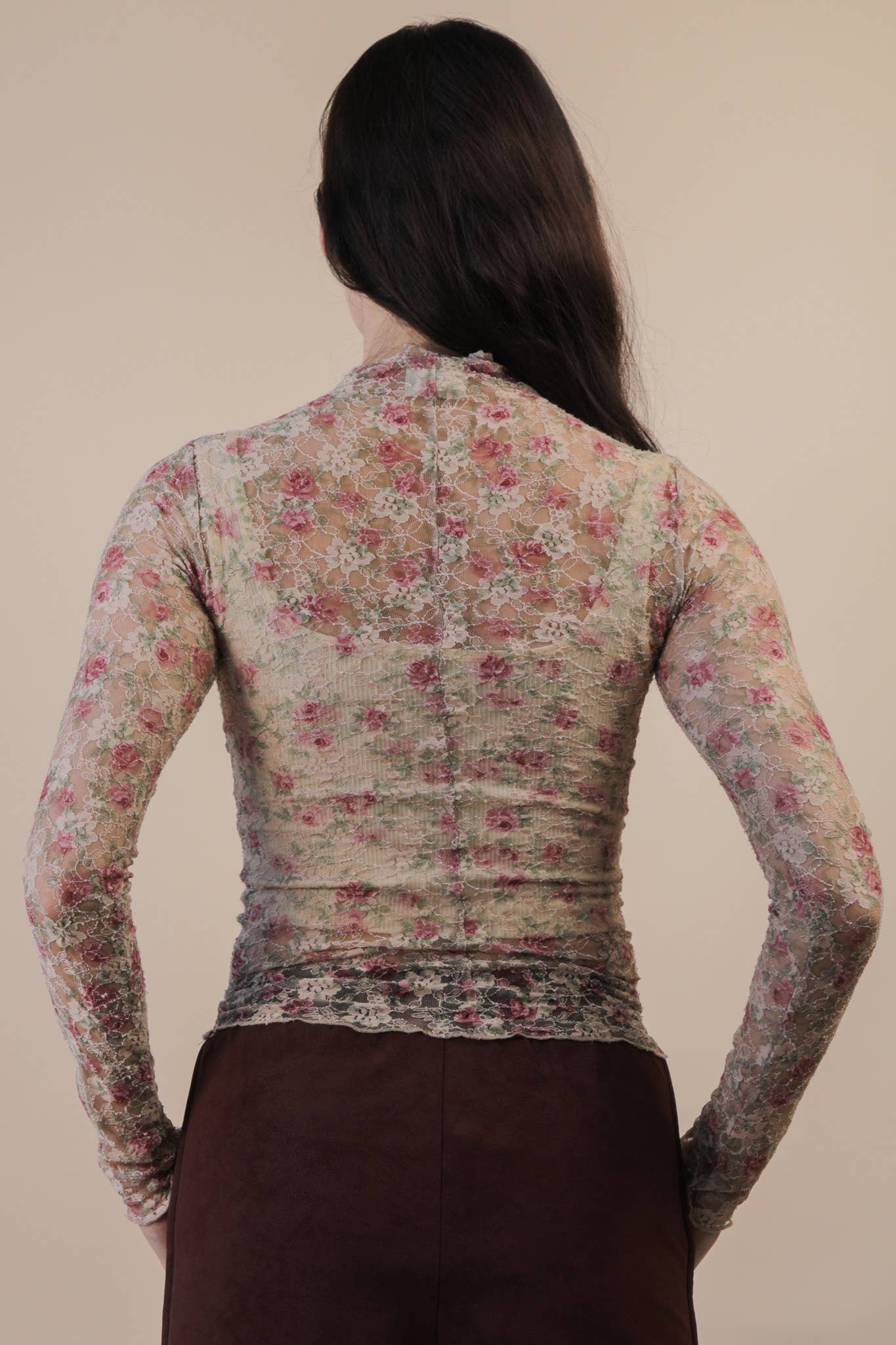 High Neck Fitted Sheer Mesh Lace Knit Top with Black Bows