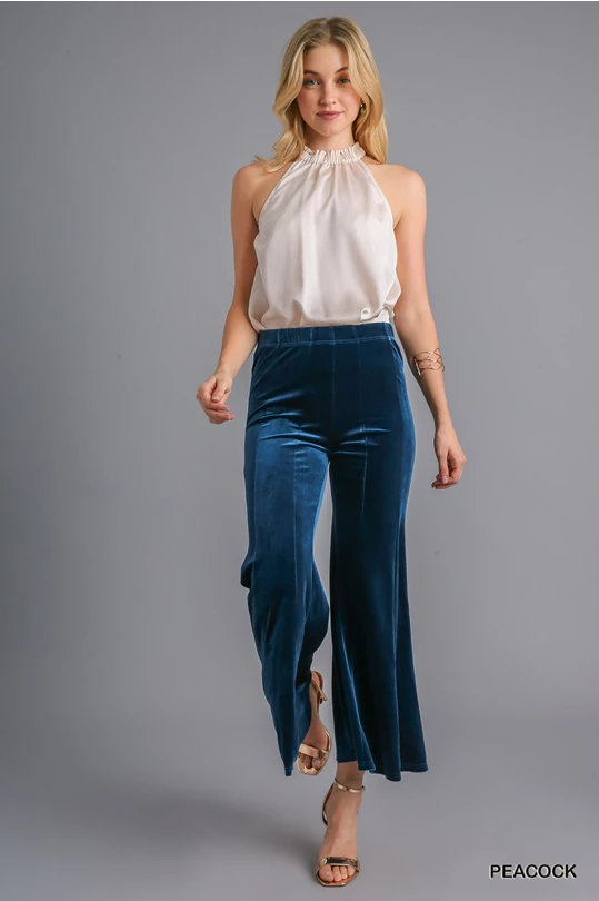 High Waist Knit Velvet Stretch Wide Flare Leg Pant with Elastic Waist