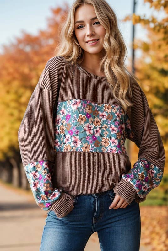 LONG PUFF SLEEVE SOLID URBAN RIBBED AND FLORAL TOP