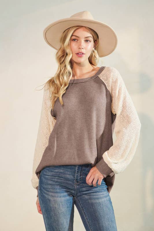 PUFF SLEEVE SOLID COLOR BLOCK TOP