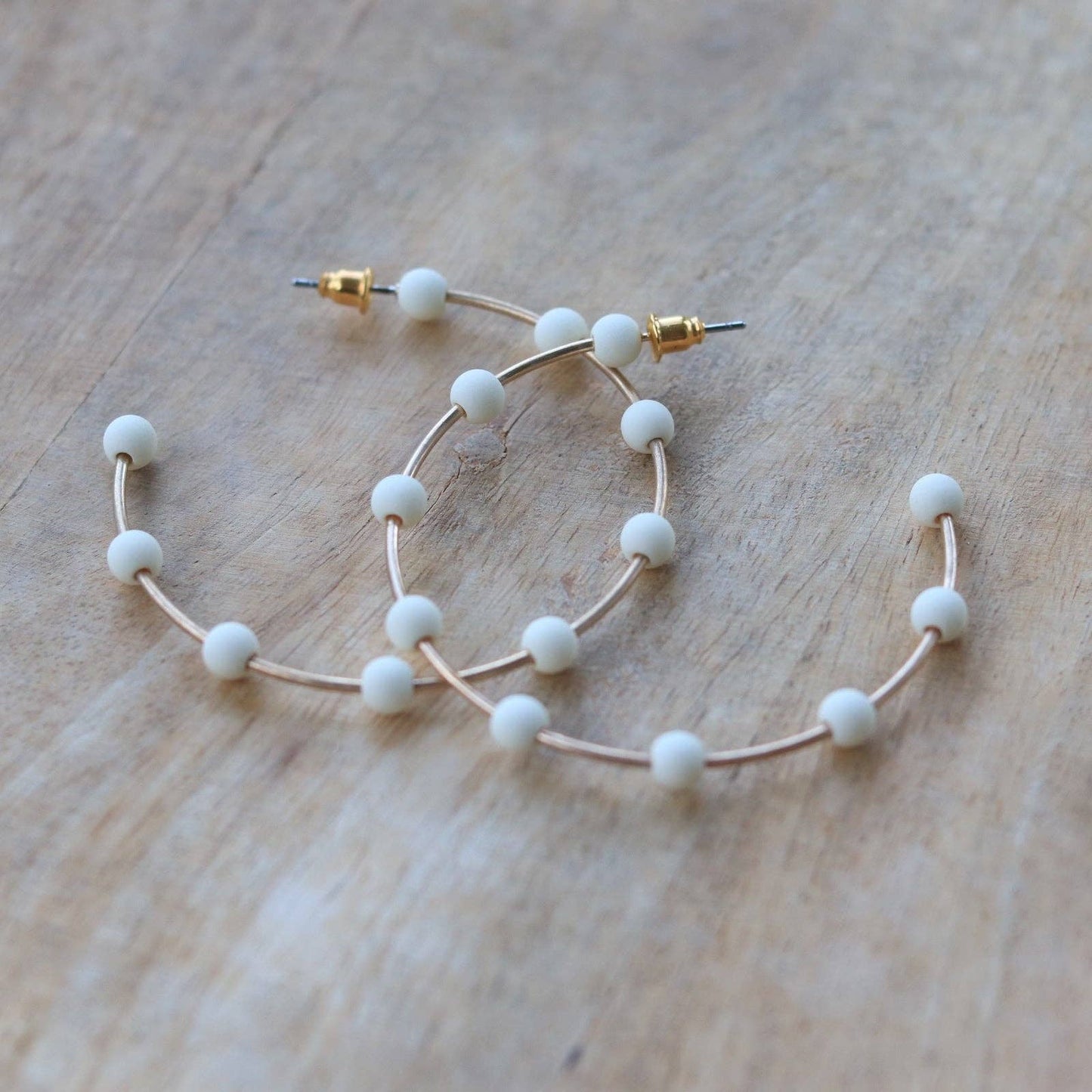 White & Gold Bead Hoop Earrings