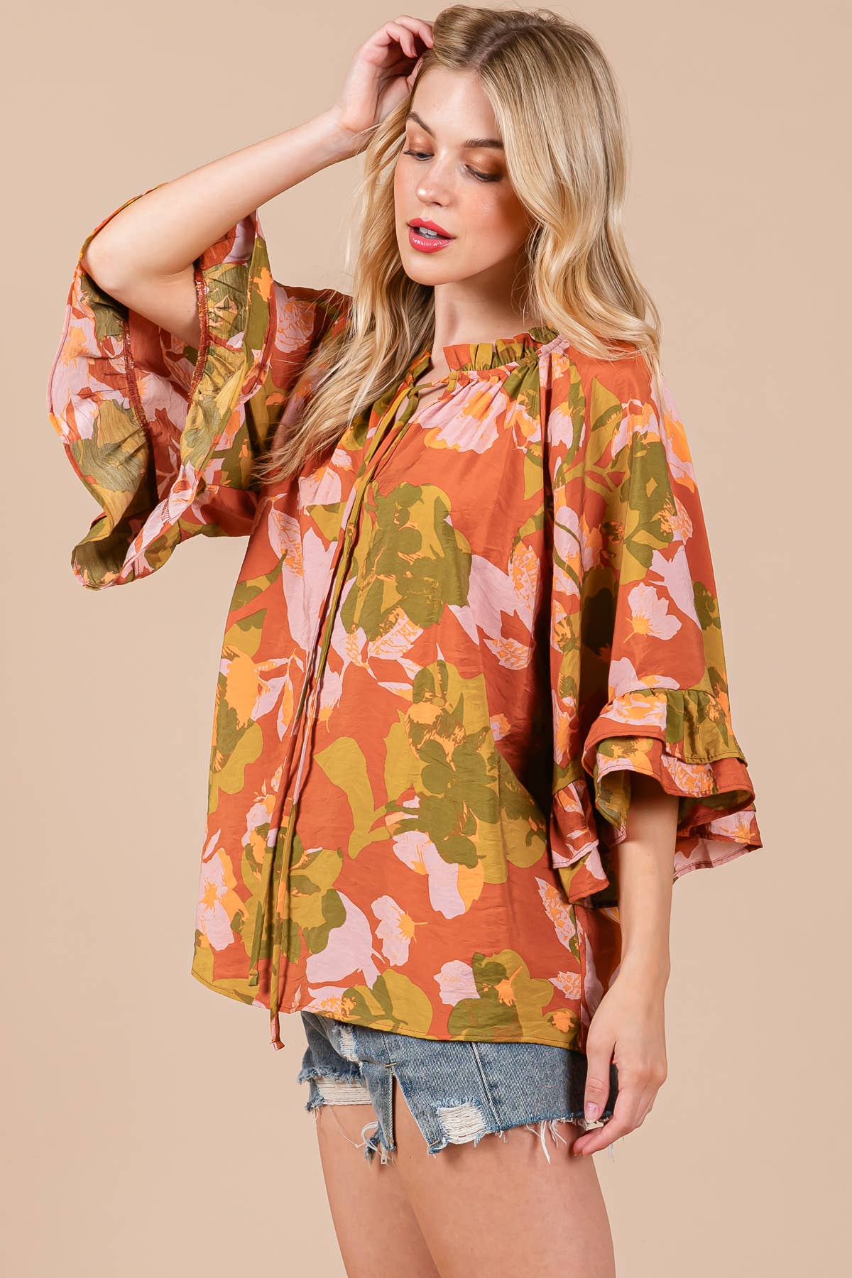 Floral Print Split Mock Neck Blouse