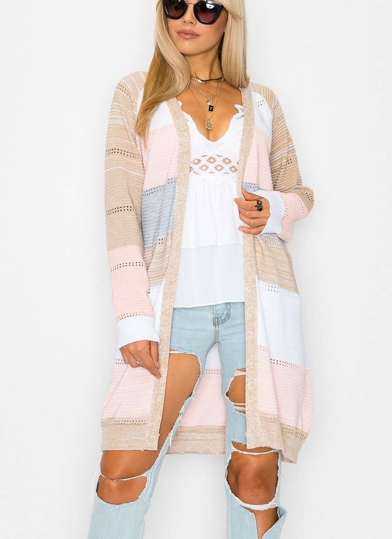 Color block Long Sleeve Cardigan: Pink