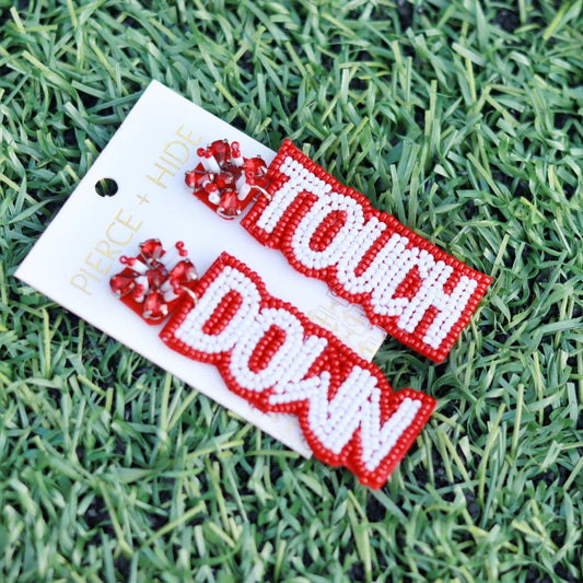 Custom Beaded Touch Down Earring| Game Day Earrings| Football: Red + White