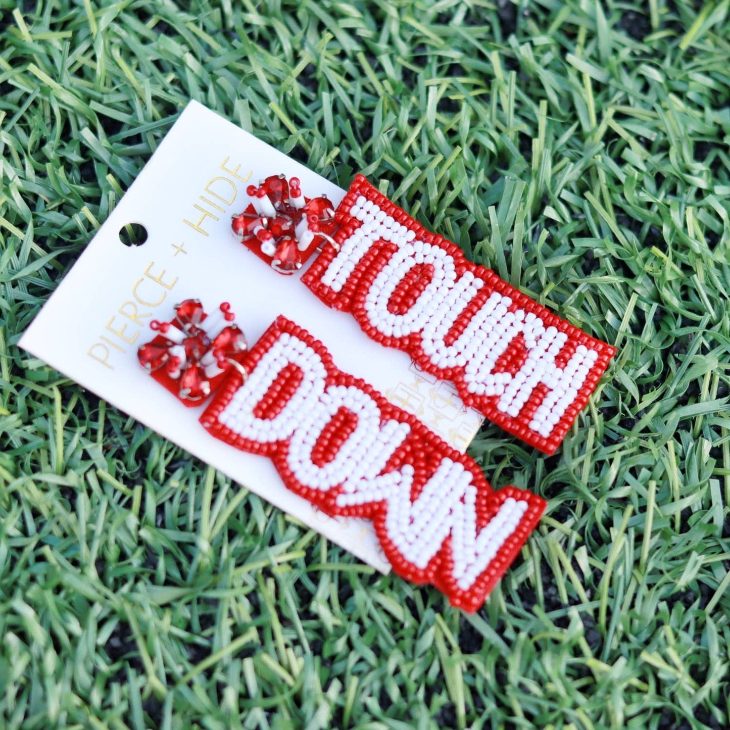 Custom Beaded Touch Down Earring| Game Day Earrings| Football: Red + Black
