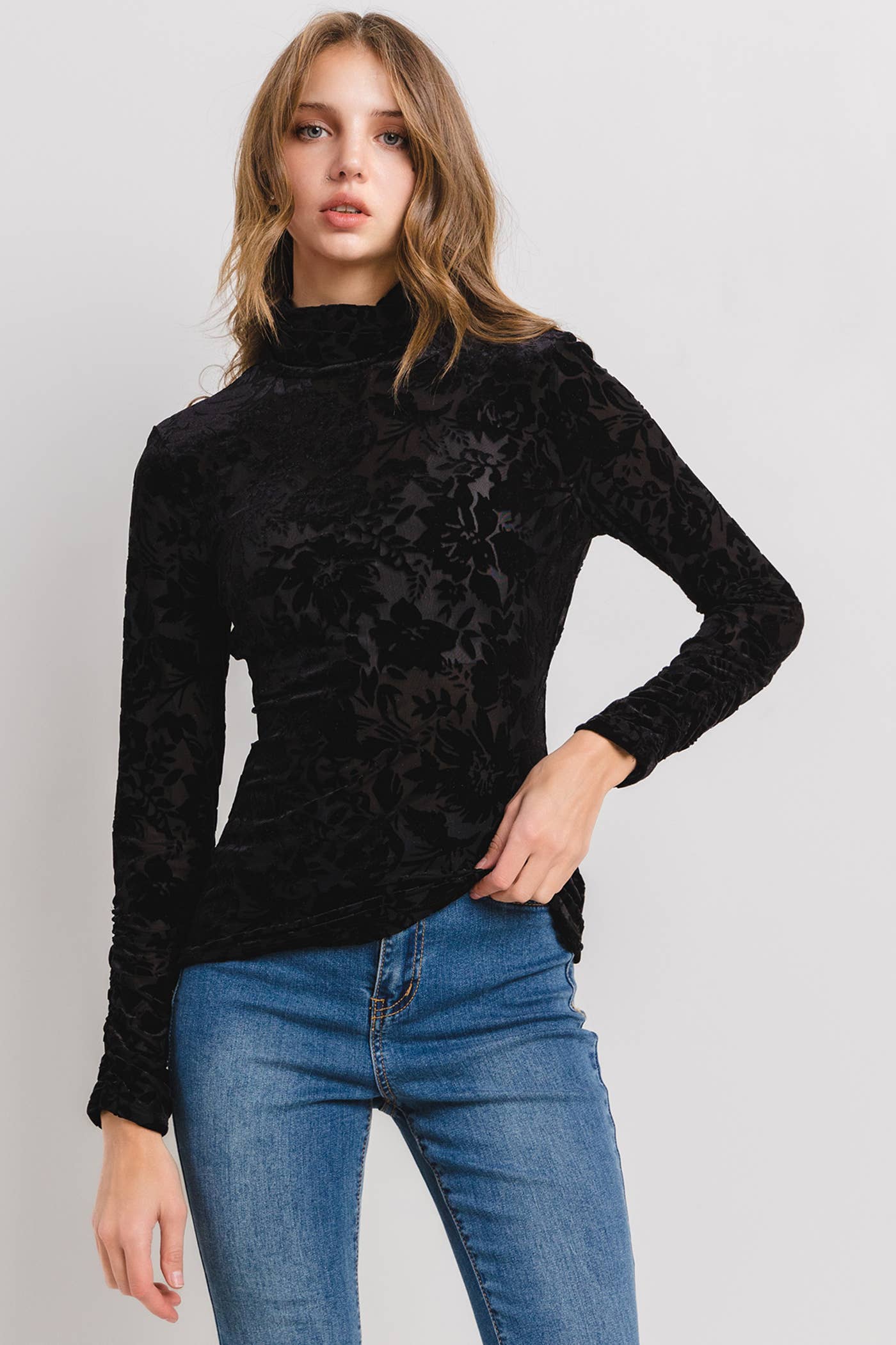 Velvet Floral Print Cowl Neck Top