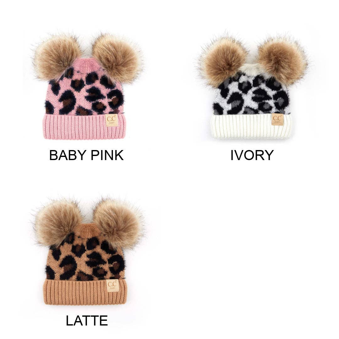 CC Double Pom Kid Leopard Beanie :Latte