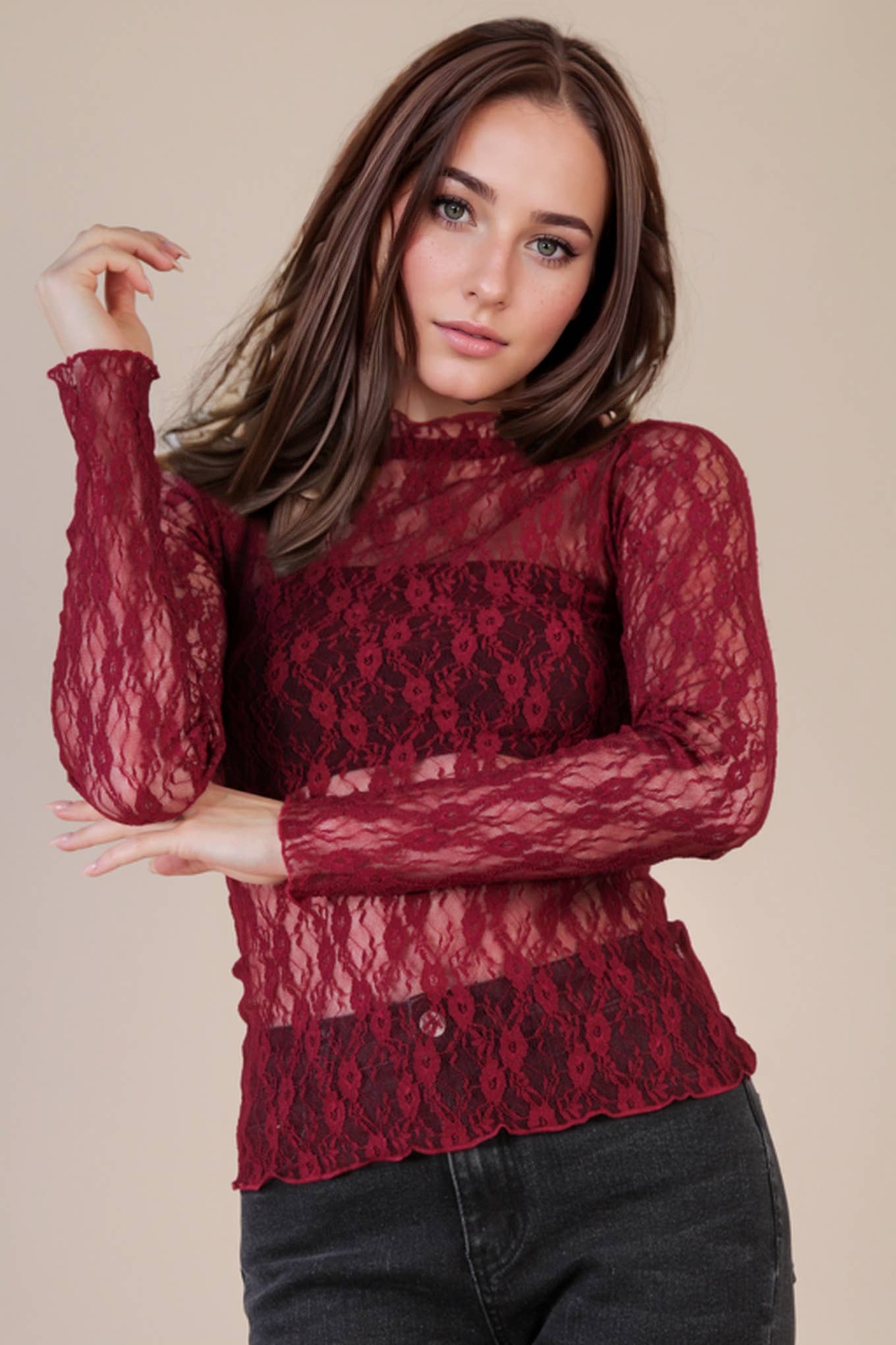 High Neck Fitted Sheer Mesh Lace Knit Top