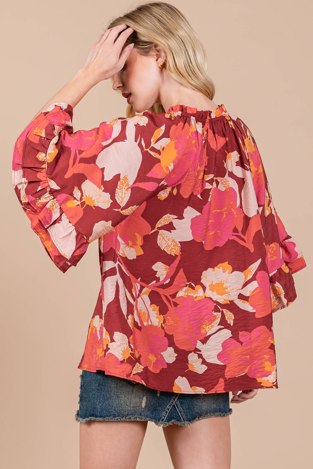 Floral Print Split Mock Neck Blouse