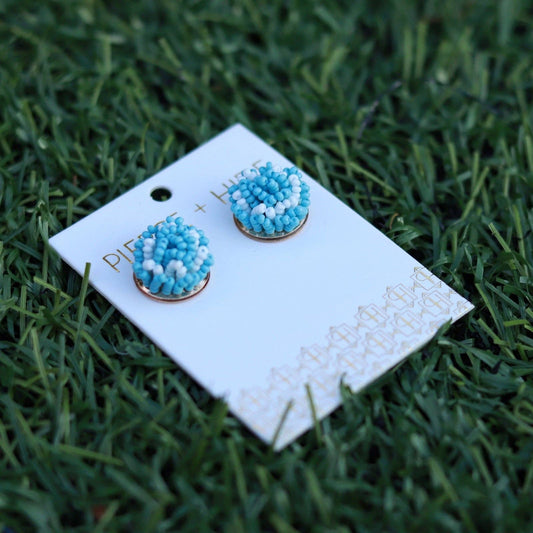 Custom Beaded Pom Earrings| Game Day Earrings| Back to School: Carolina Blue + White