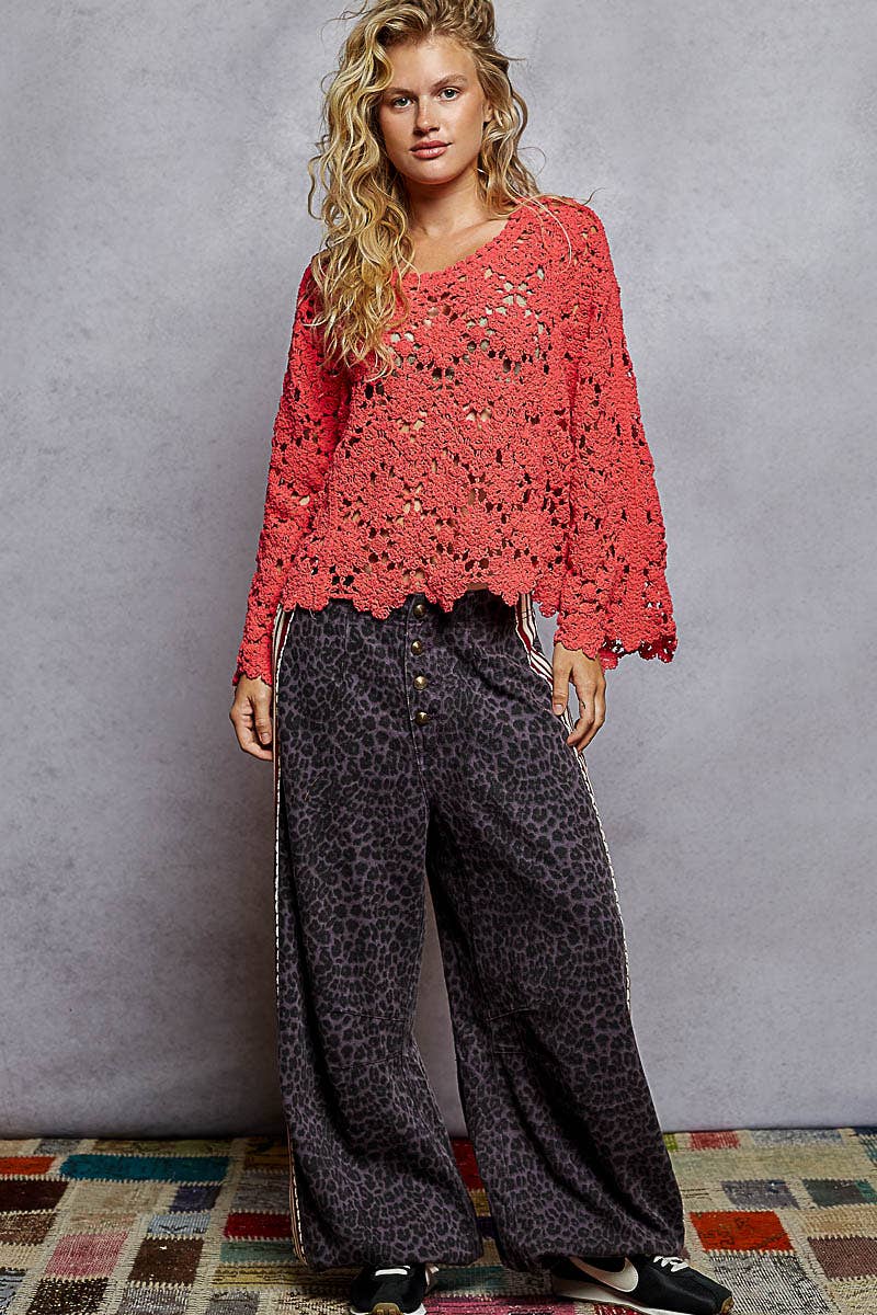Flare sleeve scalloped edge solid crochet chenille sweater