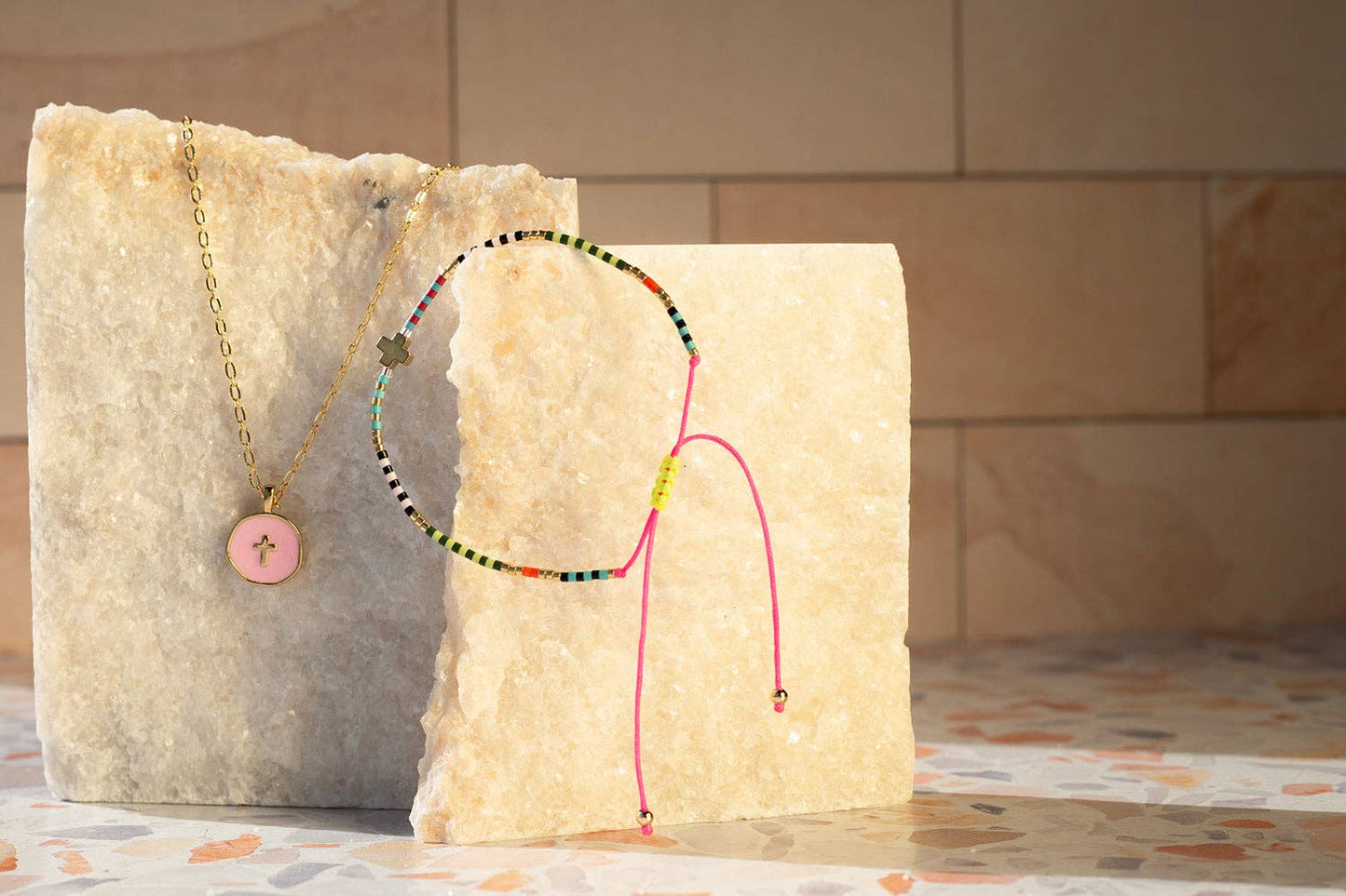 Faith Over Fear Necklace-Pink Cross