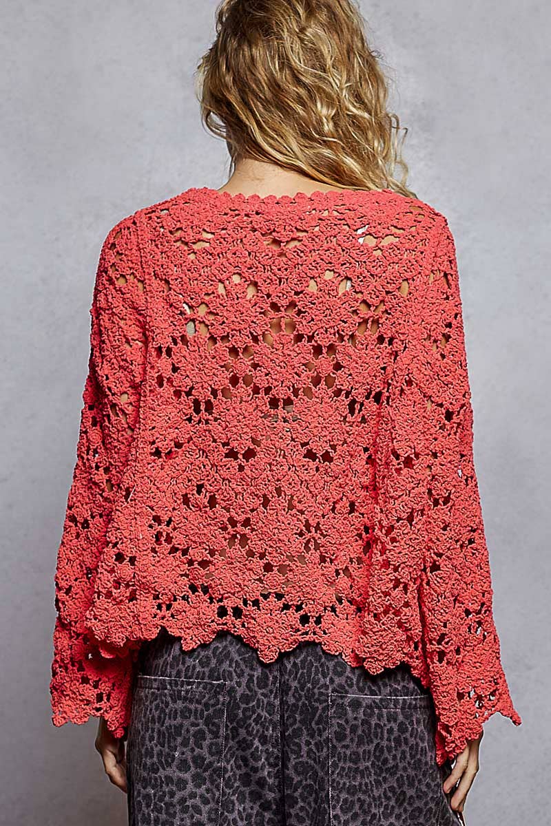 Flare sleeve scalloped edge solid crochet chenille sweater