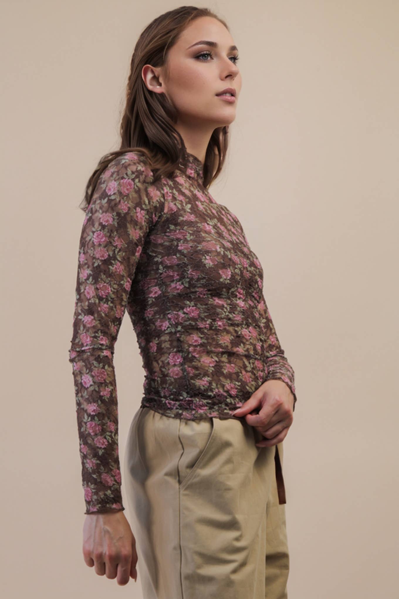 High Neck Fitted Sheer Mesh Lace Knit Top with Black Bows