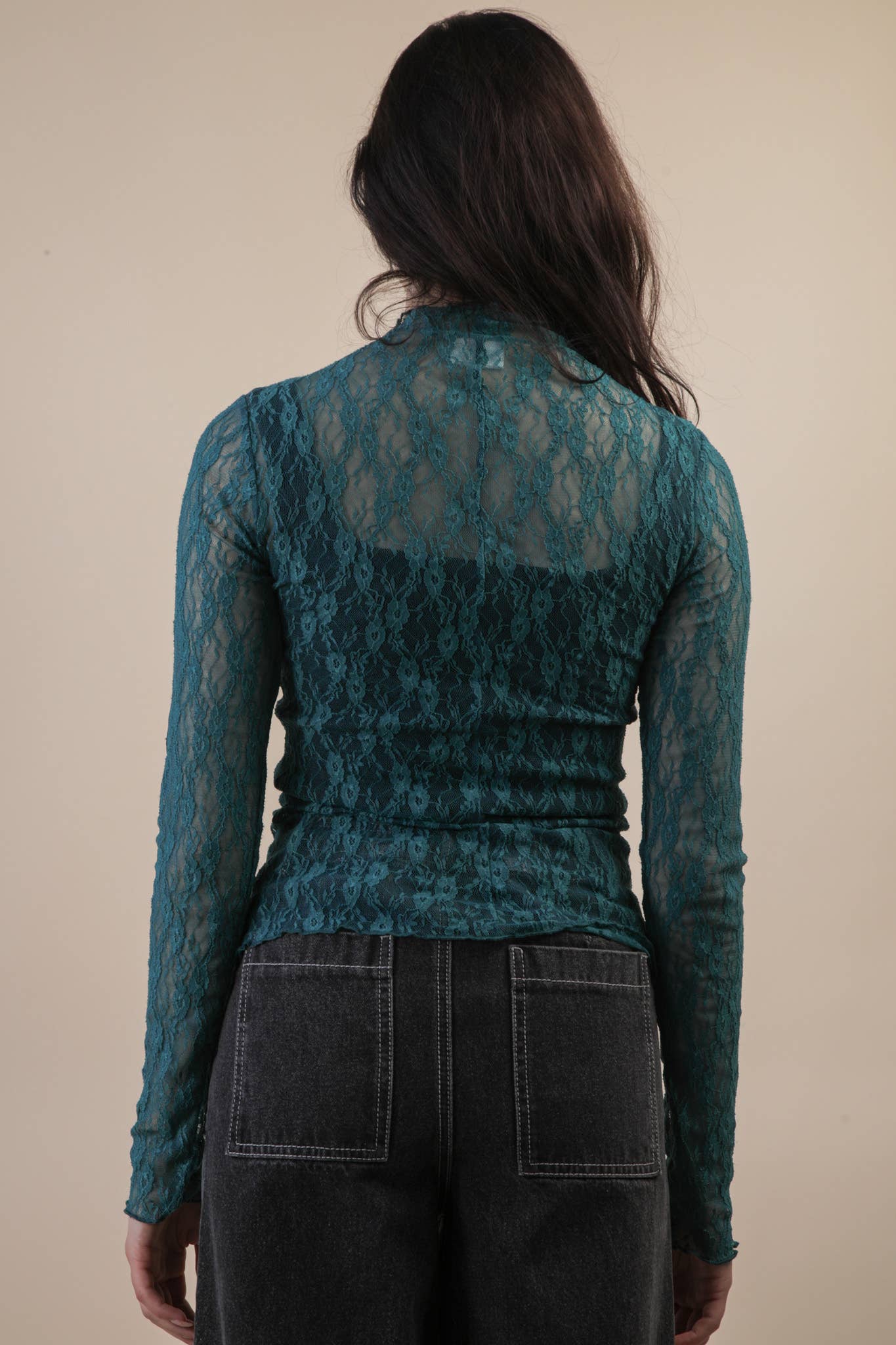 High Neck Fitted Sheer Mesh Lace Knit Top with Black Bows