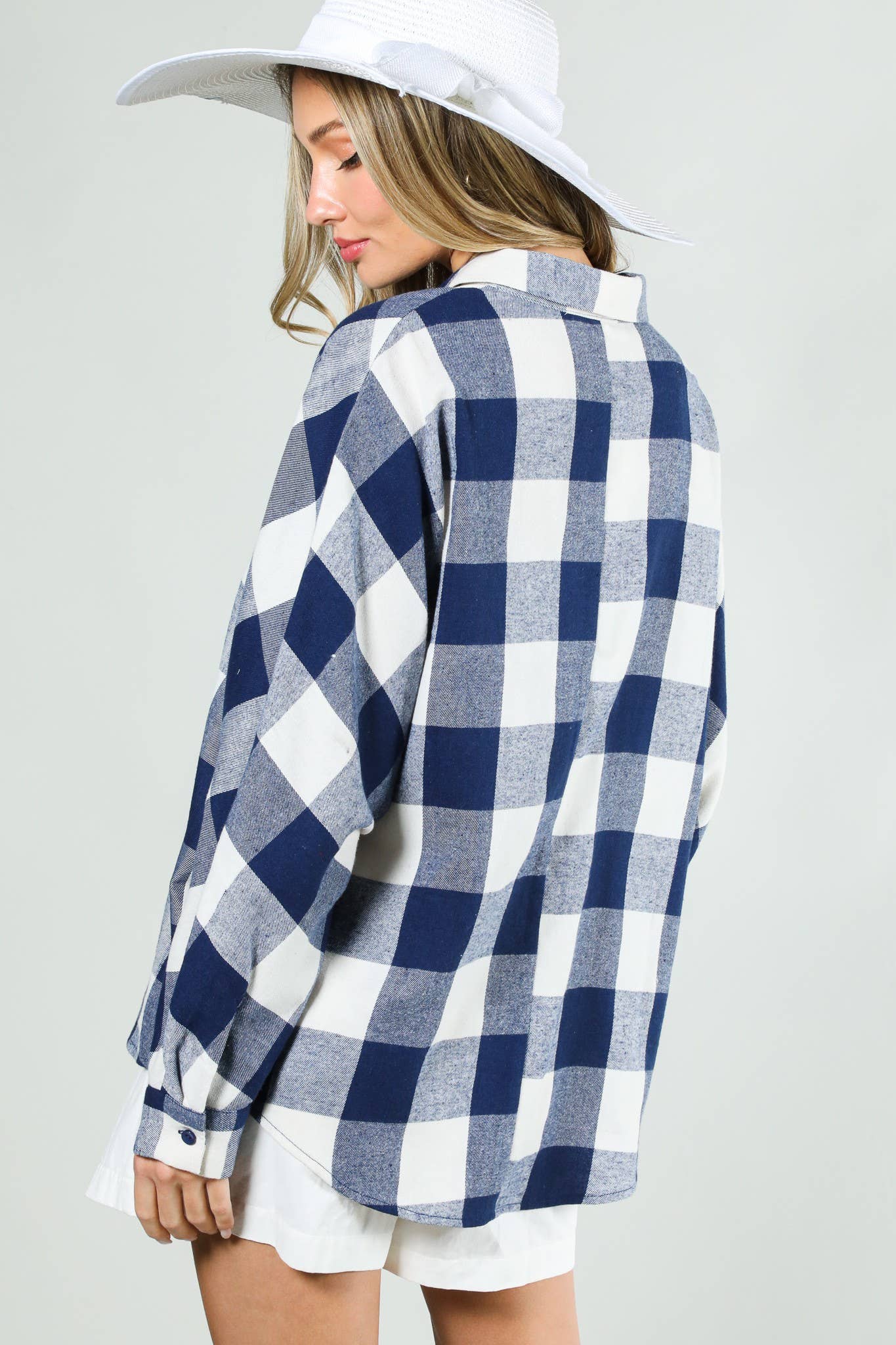 Collard Button Down Long Dolman Plaid Shirt