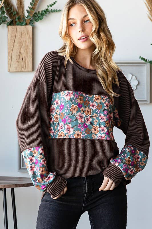LONG PUFF SLEEVE SOLID URBAN RIBBED AND FLORAL TOP