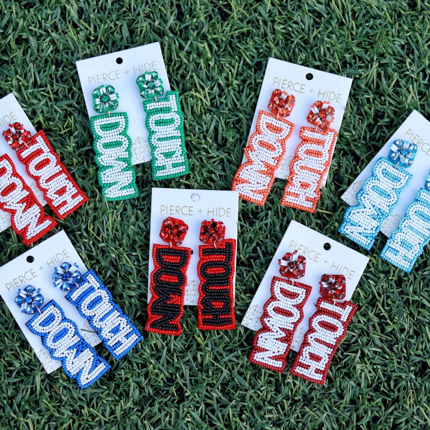 Custom Beaded Touch Down Earring| Game Day Earrings| Football: Red + White