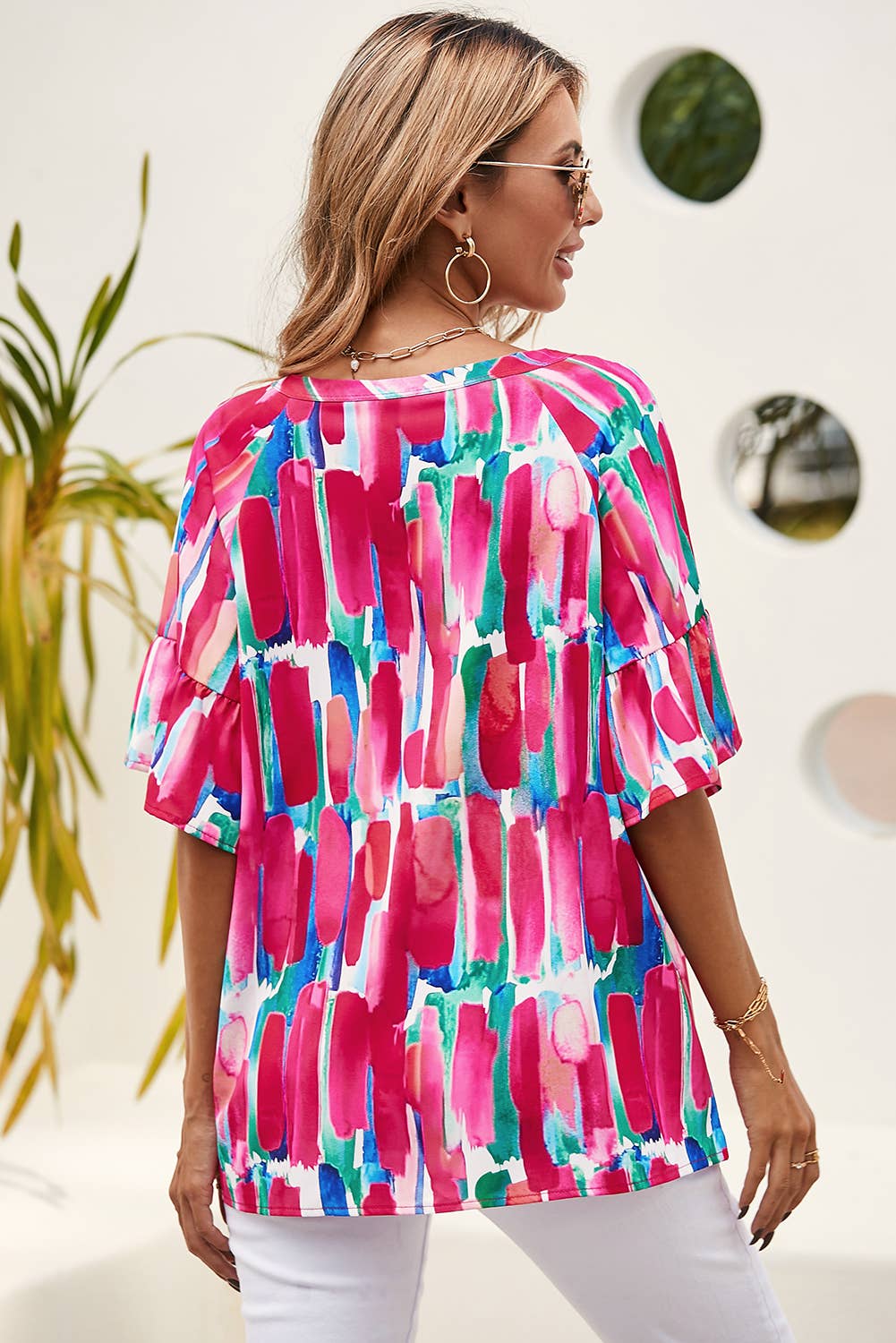 Abstract Brushwork Print  V Neck Blouse