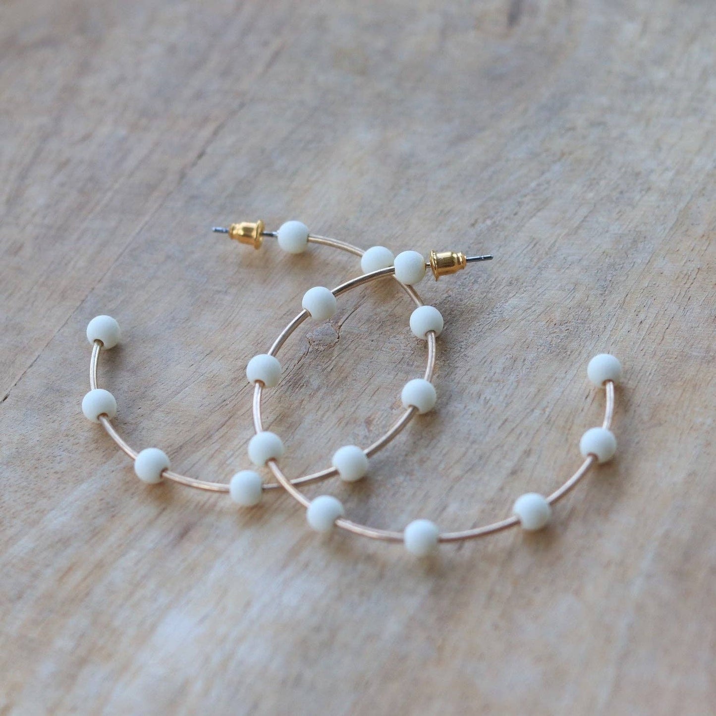 White & Gold Bead Hoop Earrings