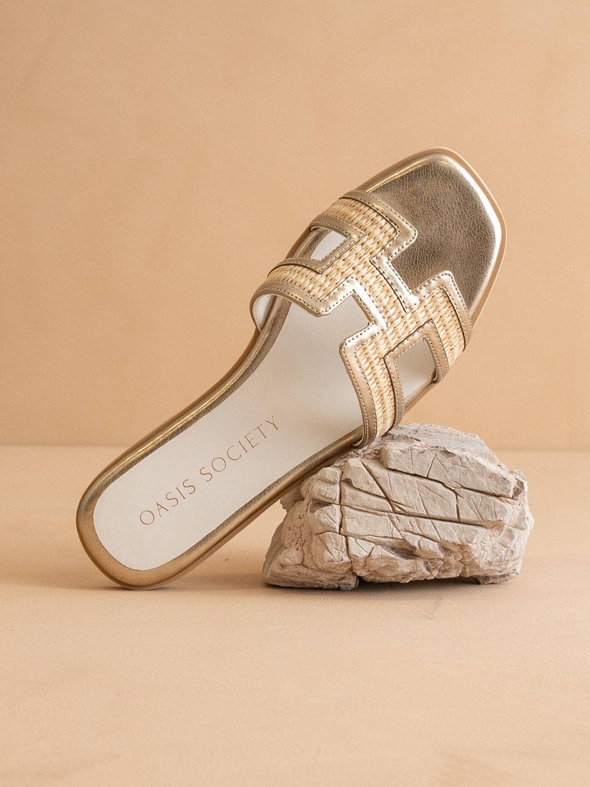The Ena | Gold H Cutout Raffia Slide