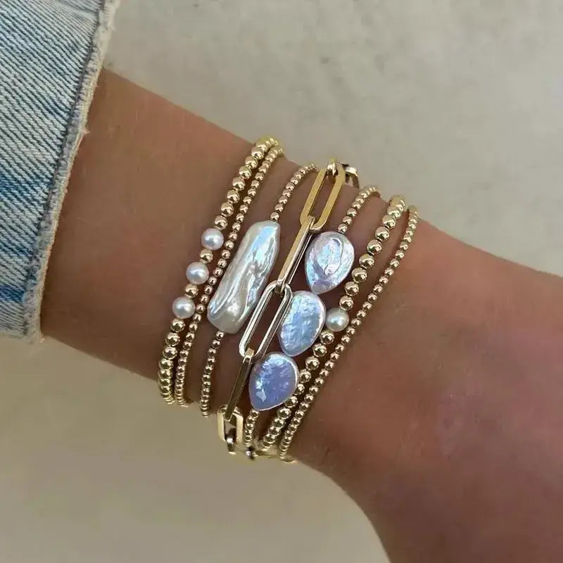 18K Gold Plated Copper Pearl and Gold Beaded Ball Bracelet: Chain with Clasp