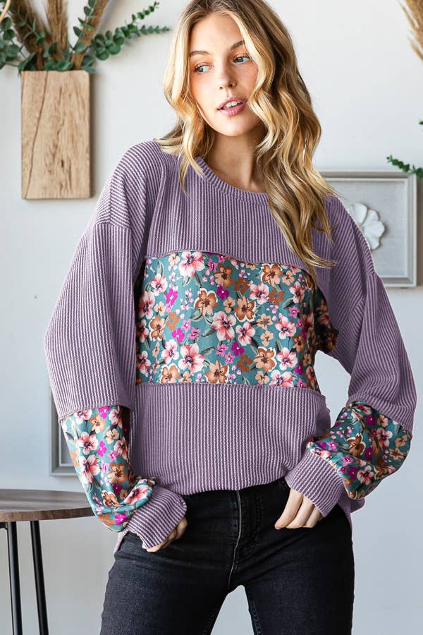 LONG PUFF SLEEVE SOLID URBAN RIBBED AND FLORAL TOP