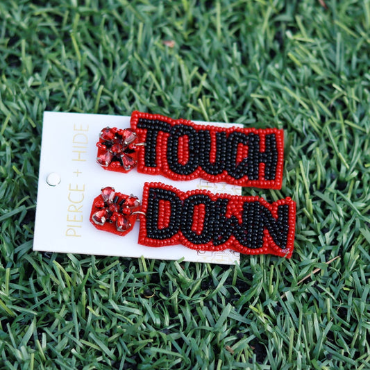 Custom Beaded Touch Down Earring| Game Day Earrings| Football: Red + Black
